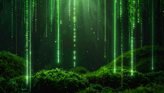 A mesmerizing digital forest featuring glowing green binary code raining down on mossy terrain. This conceptual, no people image evokes themes of ecotechnology, harmony, and future nature data.