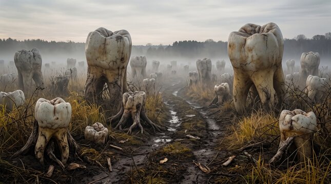 Surreal nightmare landscape depicting gigantic human molar teeth growing like plants from muddy ground along a path in a foggy, eerie field under a gray sky