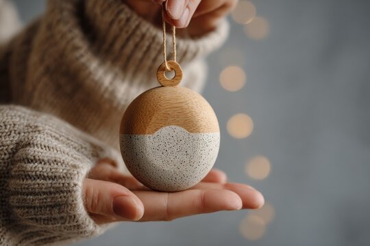 Minimalist wooden bauble adorns an evergreen branch in a serene Scandinavian Christmas setting