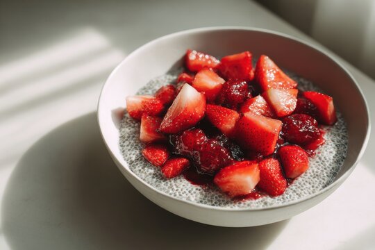 Creamy chia seed pudding topped with a colorful layer of homemade fruit compote
