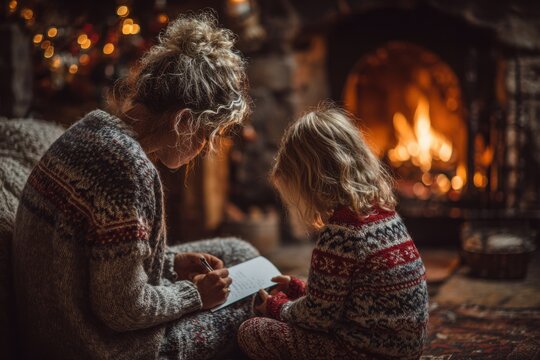 A caring adult guides a child through writing a Christmas letter in a warmly decorated room