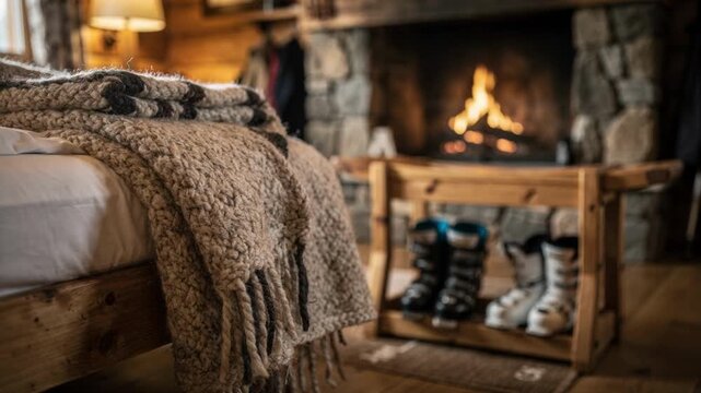 Rustic family suite with thick wool blankets ski boots and roaring fireplace, concept of cozy apres-ski relaxation and winter lodge hospitality
