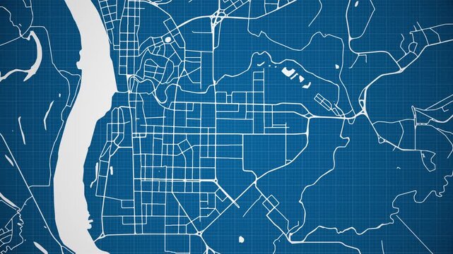 Ink reveal animation of Tomsk city, Siberia, Russia, grid map. Aerial top view. Blueprint style. White lines with blue background. 4K Seamless loop.