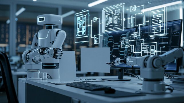 Humanoid robot interacting with digital user interface in tech laboratory