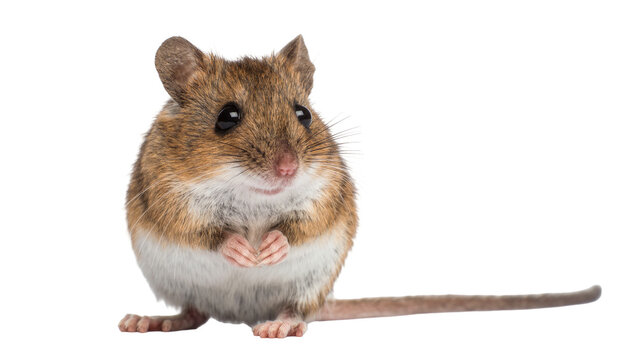 Small brown field mouse with white belly and long tail standing upright
