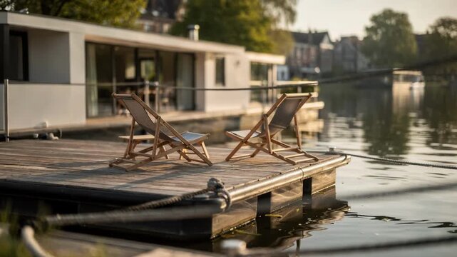 Houseboat accommodation with deck chairs on a wooden deck beside a calm canal, concept of waterfront vacation rental and leisure travel lifestyle