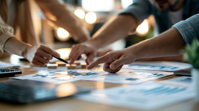 Hands of two small business owners discussing product samples and online promotion charts across desk, bright clean well lit environment, soft even daylight, crisp neutral colors,
