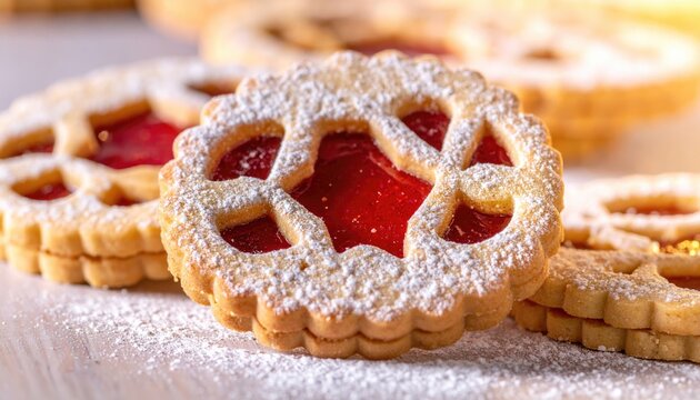 Closeup of homemade Linzer Christmas cookies filled with strawberry marmalade and dusted with sugar