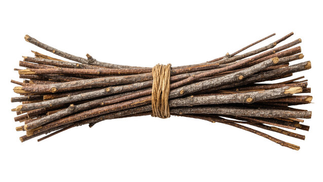 Bundled dry brown wooden twigs tied with natural jute twine string