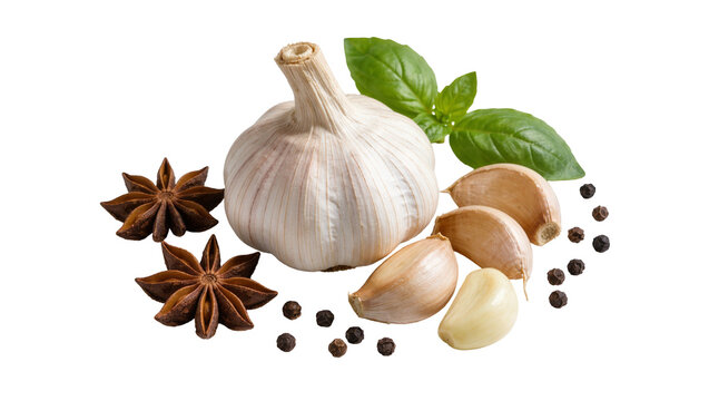 Fresh garlic bulb with cloves star anise, black peppercorns and green basil leaf