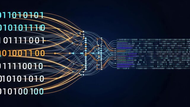 Binary code transforming into neural network connections with glowing nodes