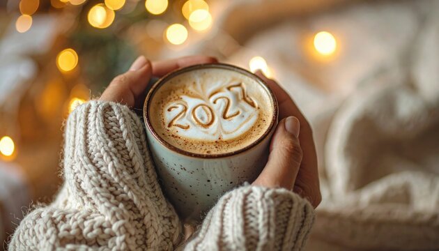 Cozy Winter Mug with 2027 new year Latte Art 