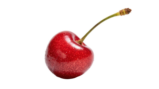 Single ripe red cherry with green stem and water droplets