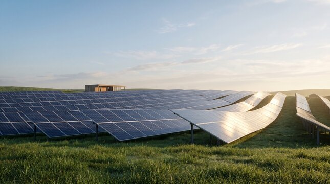 Modern solar panels across a green countryside landscape under soft morning sunlight. Renewable energy, sustainable power generation and clean technology concept.
