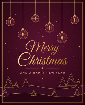 Merry Christmas and Happy New Year greeting poster with elegant gold lettering, hanging ornaments, stars and pine trees on burgundy background. Concept of festive winter holidays and celebration
