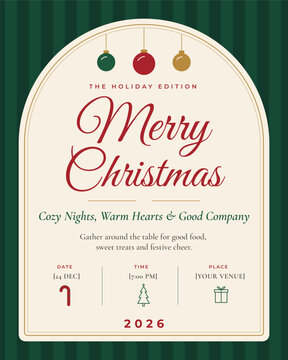 Merry Christmas 2026 holiday dinner invitation poster with red typography, hanging ornaments, green striped background and elegant cream arch. Concept of festive gathering and seasonal celebration