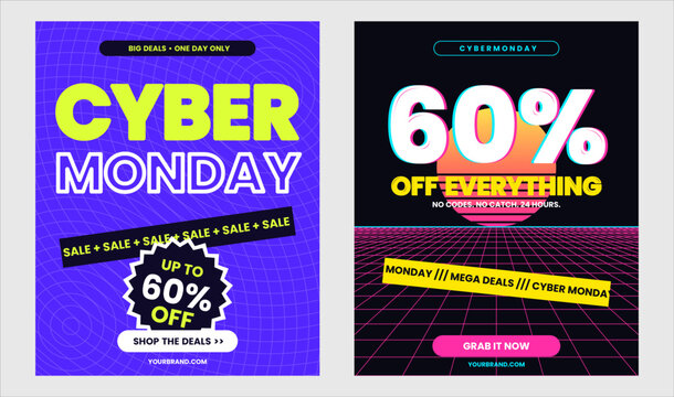 Cyber Monday sale promotional poster set with 60 percent discount, bold neon typography, purple geometric grid and retro futuristic design. Concept of online shopping, deals and seasonal retail saving