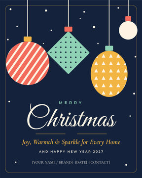 Merry Christmas and Happy New Year 2027 greeting poster with colorful hanging geometric ornaments, elegant typography and navy blue background. Concept of festive holiday joy and celebration