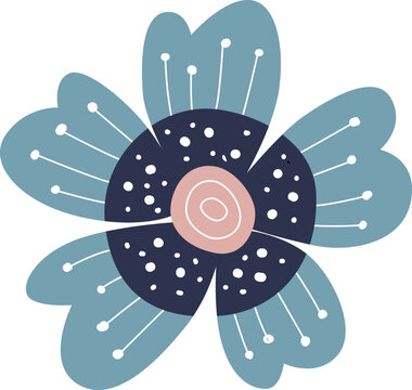 Scandinavian Nordic Folk Floral Element With Blue Petals And Pink Center. Good for Minimalist Textile Design Surface, Wallpaper or Pattern Background.