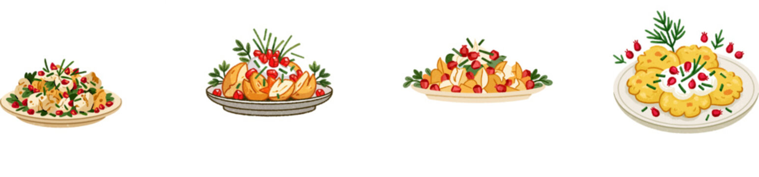 A hand-drawn illustration of crispy smashed potatoes garnished with sour cream, chives, pomegranate seeds, arranged on a low round serving plate against a soft desaturated winter palette