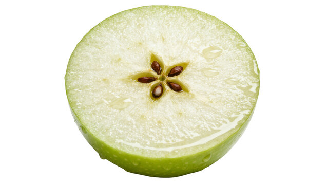 Fresh sliced green apple half with visible seeds and moist pulp texture