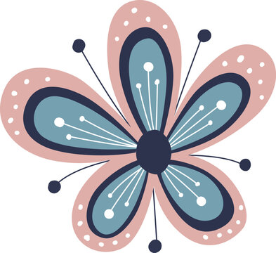 Scandinavian Floral Folk Motif With Soft Pastel Pink And Blue Petals. Good for Minimalist Textile Design Surface, Wallpaper or Pattern Background.