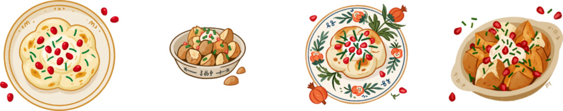 A charming hand-drawn illustration of crispy smashed potatoes topped with sour cream, chives, and pomegranate seeds, presented on a simple plate with warm cranberry red, pumpkin orange, and creamy