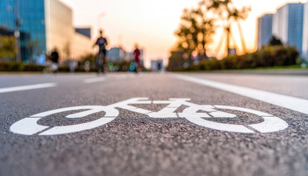 Close-up of a bike lane marking on asphalt with city buildings and people cycling in the background during sunset