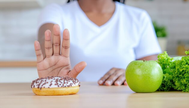 Close up female using hand push out her favourite donut and choose green apple and vegetables for good health