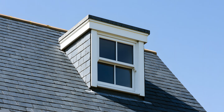 Contemporary Roof Dormer Window on Slate Shingles Against Azure Sky