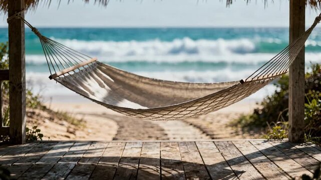 Woven hammock on a seaside bungalow porch with a turquoise sea and sandy path in the background, symbolizing tropical vacation and beachfront resort relaxation