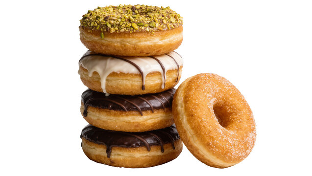 Stack of assorted glazed and sugar coated donuts with pistachio topping