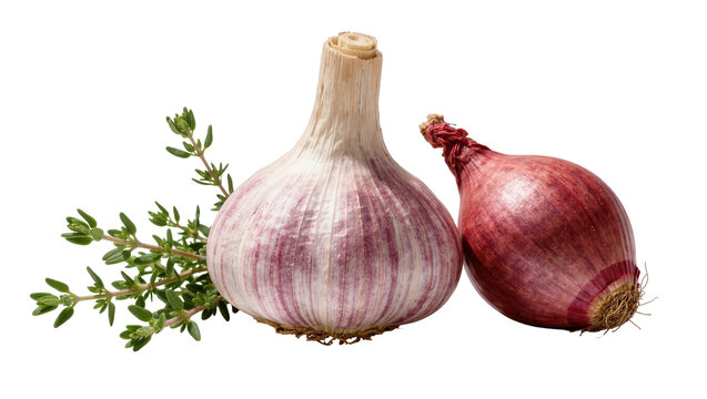 Fresh garlic bulb red onion, and green thyme herb sprig