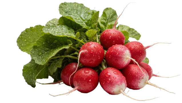 Fresh red radishes with green leaves and water droplets