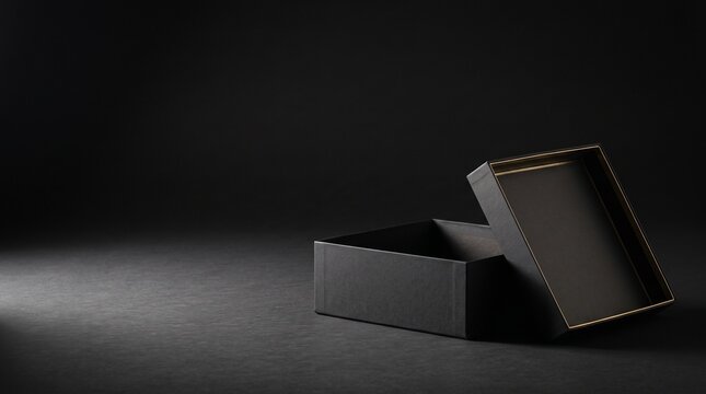 Open matte black gift box with gold trim on dark textured surface background