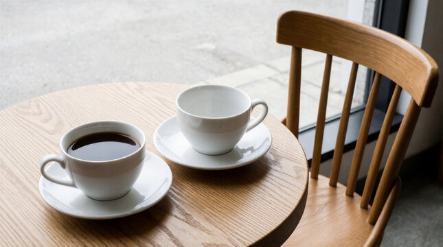 Bistro table setting featuring two identical porcelain cups with one filled with dark coffee