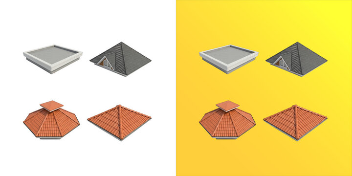 Collection of four different roof styles including flat and pitched isolated on a white background, architectural building