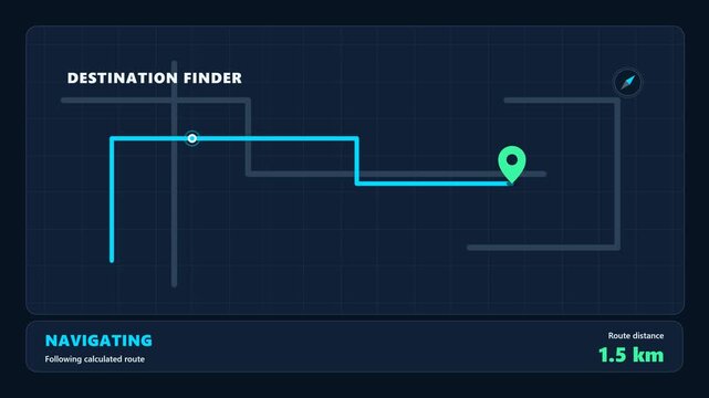 Modern geolocation interface with expanding concentric search radius rings, destination pin, geometric map roads, compass and animated route