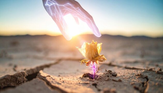 A surreal composition showing a glowing energy hand reaching toward a withered flower in a cracked, dry desert. Nobody is present, evoking themes of hope, rebirth, and spiritual healing for art.