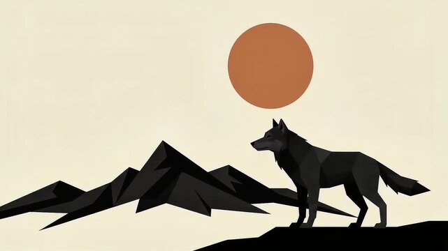 Vector landscape animation of geometric polygon wolf standing on cliff with abstract mountains and sun in flat design style