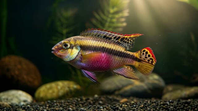 rainbow kribensis cichlids close up in aquarium video