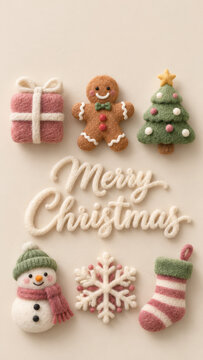 Merry Christmas greeting card featuring cute clay gingerbread man, snowman, wrapped gift, decorated Christmas tree, knitted stocking and festive snowflake on a soft beige background