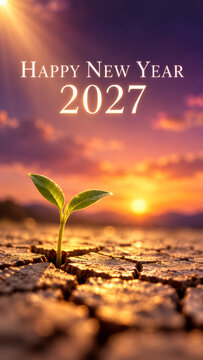 Happy New Year 2027 greeting poster featuring a fresh green seedling growing from cracked dry earth, golden sunset light, dramatic purple clouds and a hopeful landscape symbolizing new beginnings