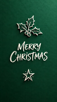 Merry Christmas minimalist greeting card postefeaturing elegant white handwritten lettering, delicate holly leaves with berries and decorative star ornament on a textured dark emerald green background
