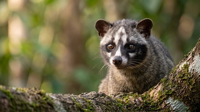 masked palm civet close up at morning light in southeast asian tropical forest video