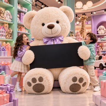 Giant Teddy Bear With Happy Children In Colorful Toyshop