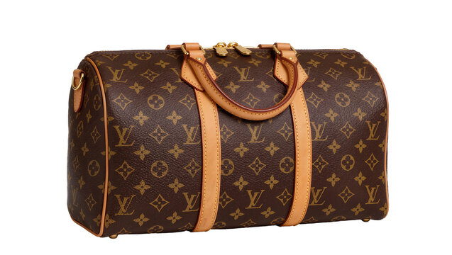 Brown monogrammed duffel bag with tan leather trim, isolated on transparent background