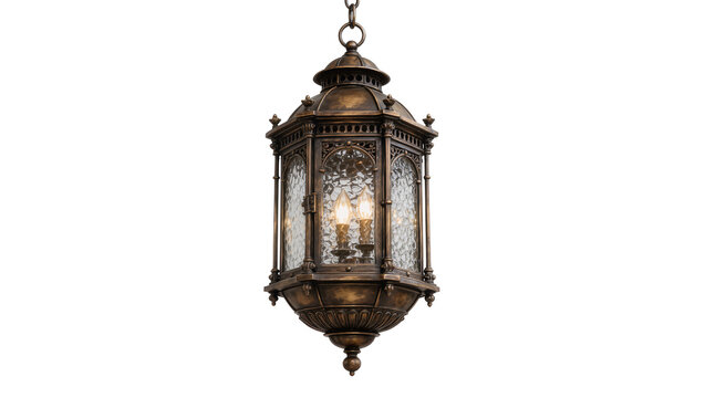 Ornate bronze outdoor hanging lantern with textured glass panels, isolated on transparent background