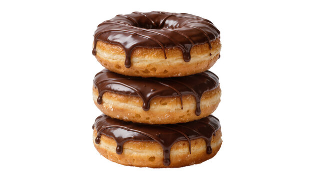 Three chocolate glazed donuts stacked, isolated on transparent background