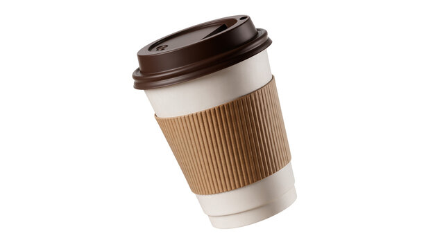 Disposable paper coffee cup with brown lid and corrugated sleeve, isolated on transparent background